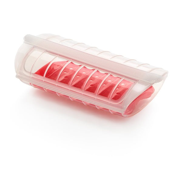 Steam Case piros-fehér szilikon sütőedény tálcával, 1-2 adaghoz - Lékué