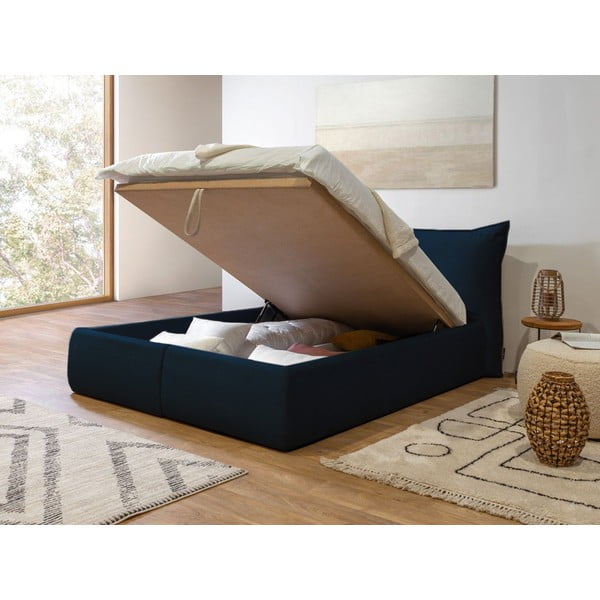 Sötétkék kárpitozott franciaágy tárolóhellyel ágyráccsal 160x200 cm Jade – Bobochic Paris-image-4