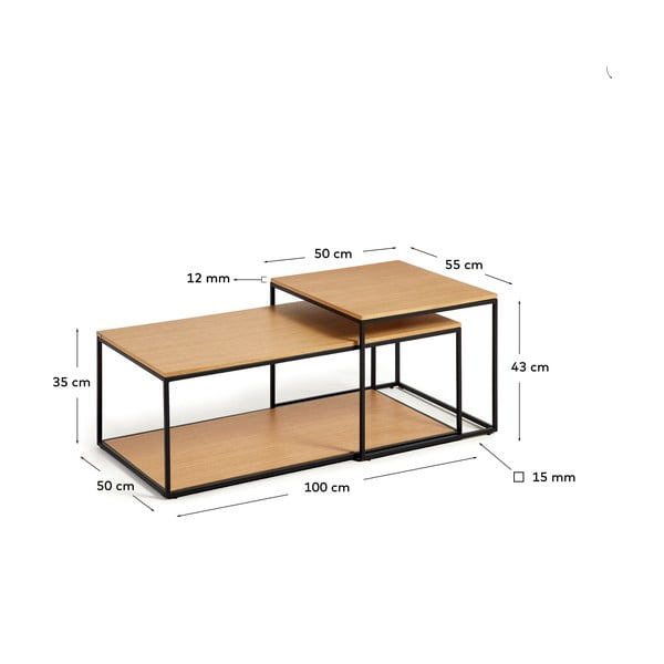 Natúr színű kerek dohányzóasztal szett tölgyfa dekoros asztallappal, 2 db-os 50x100 cm Yoana – Kave Home-image-4