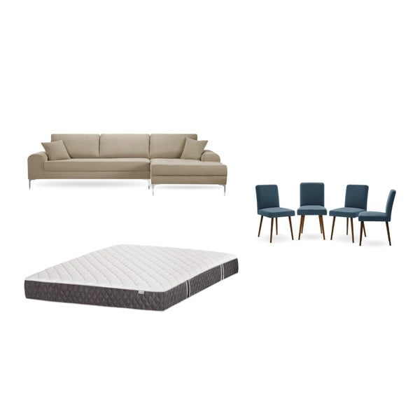 Szürkésbézs jobboldali sarokkanapé, 4 db kék szék, matrac (160 x 200 cm) szett - Home Essentials