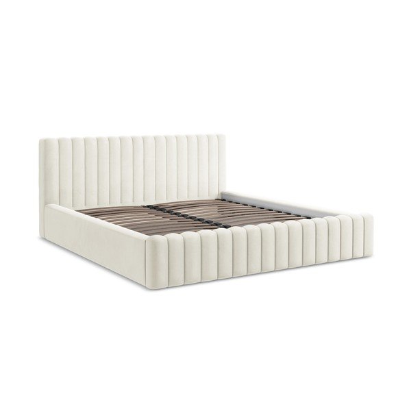 Krémszínű kárpitozott ágyneműtartós franciaágy ágyráccsal 180x200 cm Lemi – Makamii-image-2