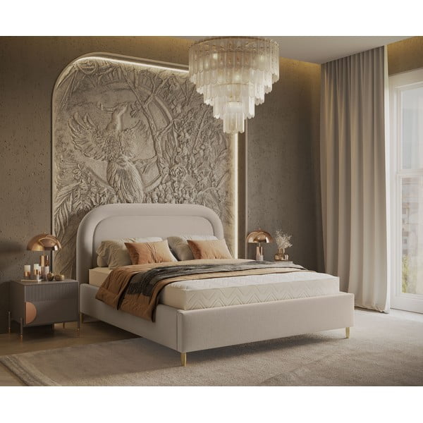 Bézs kárpitozott ágyneműtartós franciaágy ágyráccsal 140x200 cm Mija – Maison de Rêve-image-1