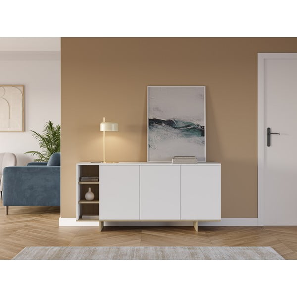 Fehér alacsony komód tölgyfa dekorral 170x80 cm Cequoia – Marckeric-image-1