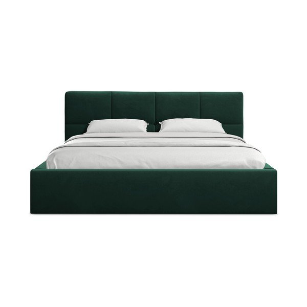 Sötétzöld bársony kárpitozott ágyneműtartós franciaágy ágyráccsal 140x200 cm Hiko – Makamii-image-3