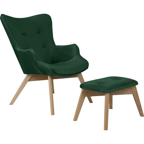 Sötétzöld bársony fotel lábtartóval Niko – Ropez