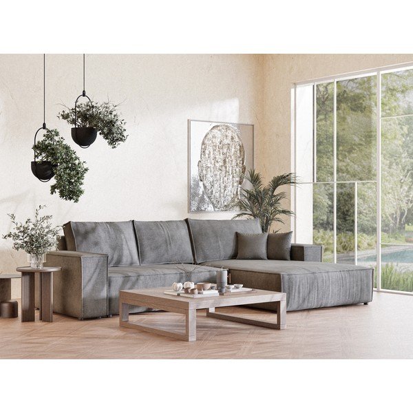 Szürke zsenília kinyitható-tárolóhelyes sarokkanapé (jobb oldali-heverő résszel) Maze – Maison de Rêve-image-1