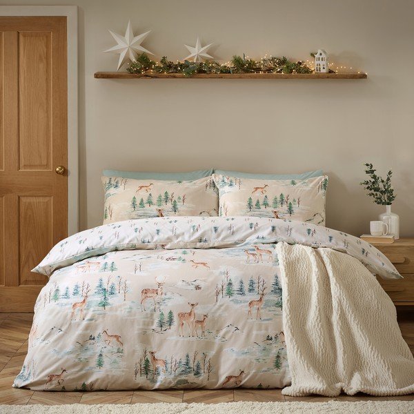 Natúr színű egyszemélyes flanel ágyneműhuzat 135x200 cm Brushed Christmas Deer – Catherine Lansfield