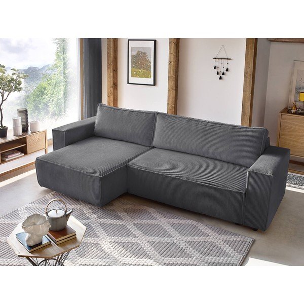 Sötétszürke kordbársony kinyitható sarokkanapé (variálható) Nihad – Bobochic Paris-image-1