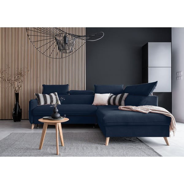 Sötétkék bársony kinyitható sarokkanapé (jobb oldali) Sweet Harmony – Miuform-image-1
