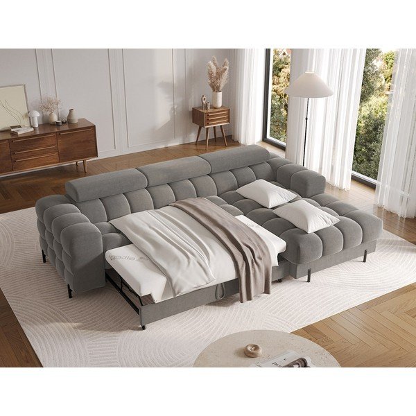 Szürkésbarna bársony kinyitható-tárolóhelyes sarokkanapé (jobb oldali-heverő résszel) Felro – ELTAP-image-4