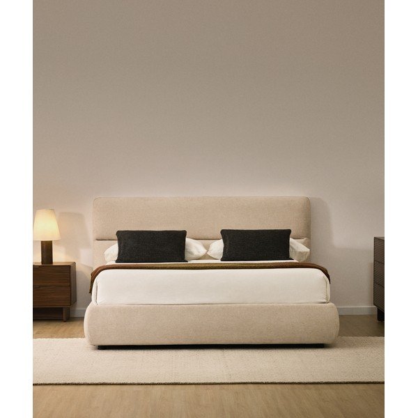 Bézs kárpitozott ágyneműtartós zsenília franciaágy ágyráccsal 160x200 cm Dafra – Kave Home-image-1