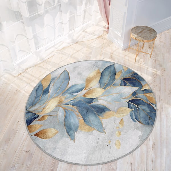 Kék-aranyszínű mosható kerek szőnyeg ø 150 cm Golden Leaves – Mila Home-image-3