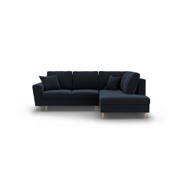 Sötétkék bársony kinyitható tárolóhelyes sarokkanapé (jobb oldali-L alakú) Kyoto – Cosmopolitan Design