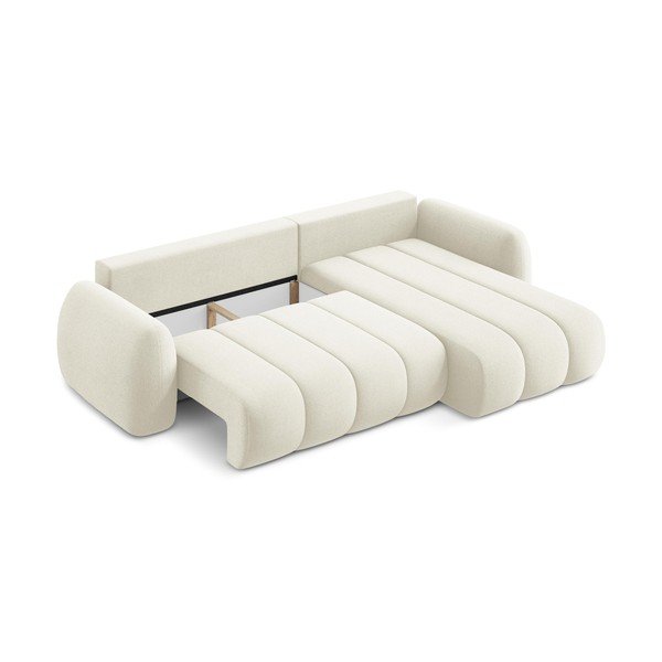 Bézs buklé kinyitható-tárolóhelyes sarokkanapé (jobb oldali-heverő résszel) Pele – Makamii-image-3