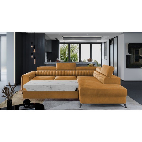 Sárga bársony kinyitható-tárolóhelyes sarokkanapé (jobb oldali-L alakú) Laurence – ELTAP-image-2