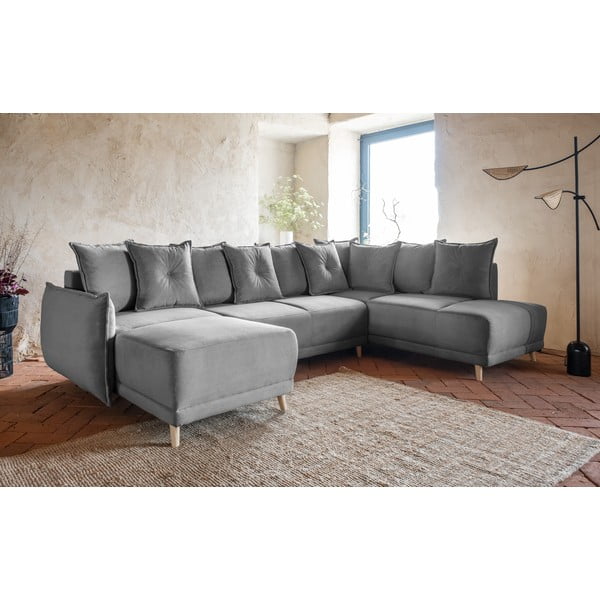 Szürke kordbársony kinyitható sarokkanapé (jobb oldali-U alakú) Lazy Lukka – Miuform-image-3