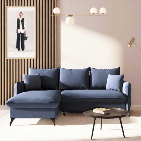 Kék kinyitható tárolóhelyes sarokkanapé (bal oldali-heverő résszel) Brim – Rodier-image-1