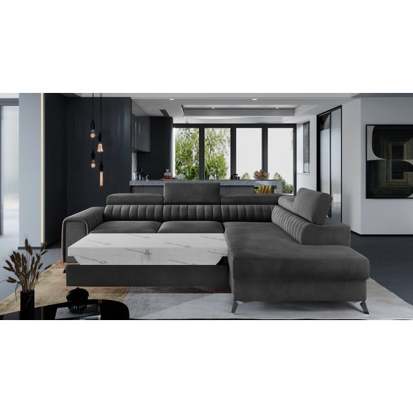 Sötétszürke bársony kinyitható-tárolóhelyes sarokkanapé (jobb oldali-L alakú) Laurence – ELTAP-image-2