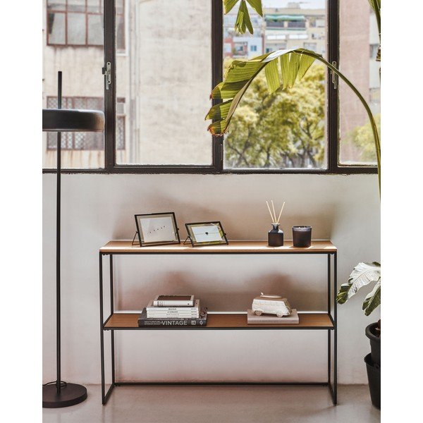 Fehér-natúr színű konzolasztal tölgyfa dekorral 30x120 cm Yoana – Kave Home-image-1