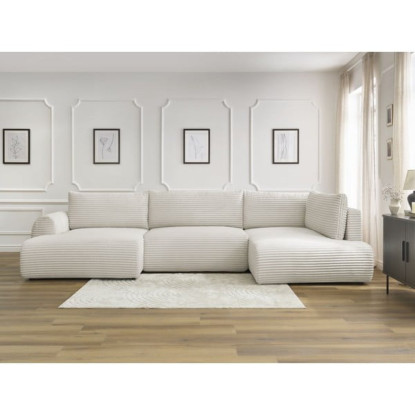 Krémszínű kordbársony kinyitható-tárolóhelyes sarokkanapé (jobb oldali-U alakú) Lucien – Bobochic Paris-image-1