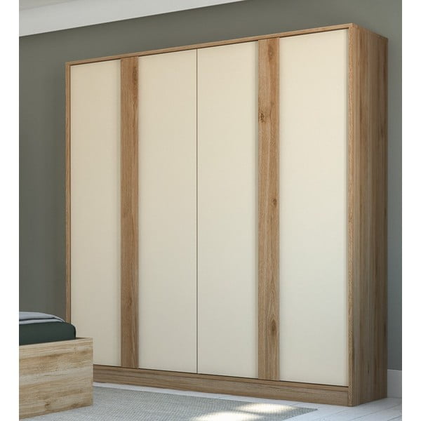 Krémszínű-natúr színű ruhásszekrény tölgyfa dekorral 180x197,5x53 cm Dennis – Marckeric-image-1