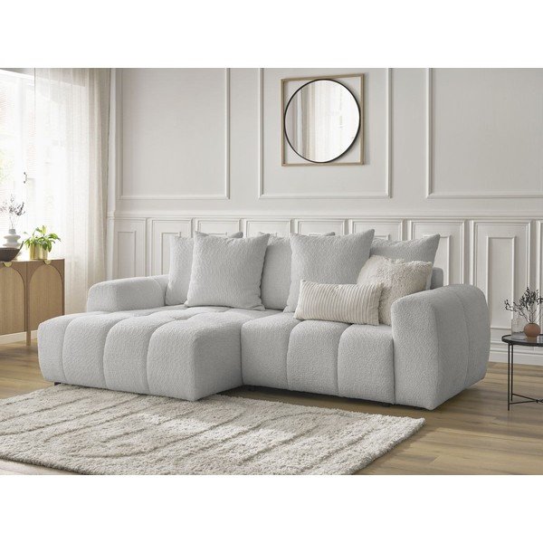 Világosszürke buklé kinyitható-tárolóhelyes sarokkanapé (bal oldali-heverő résszel) Roxelane – Bobochic Paris-image-3