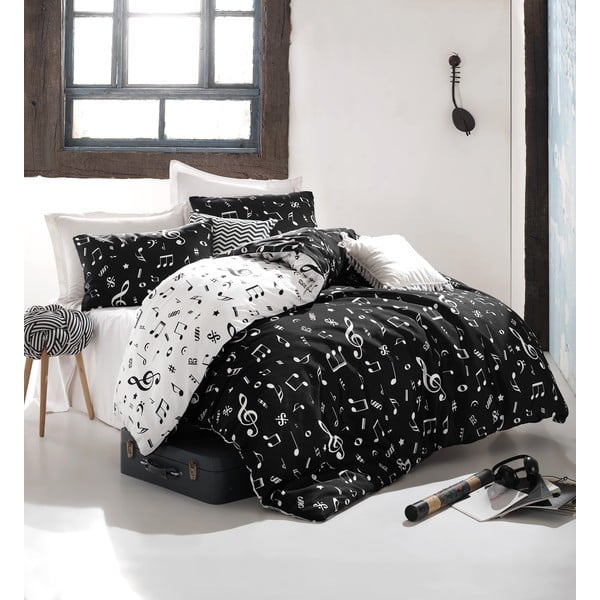 Fekete-fehér kétszemélyes-hosszabbított ágyneműhuzat lepedővel-ágytakaróval 220x240 cm Melodiy – Mijolnir