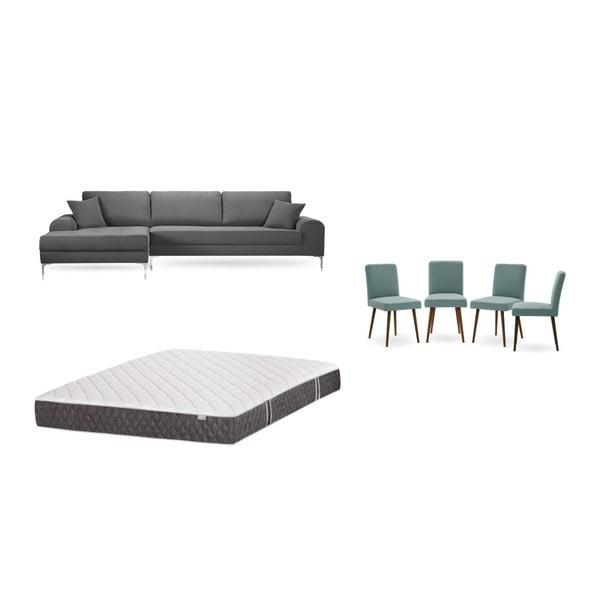 Szürke baloldali sarokkanapé, 4 db szürkészöld szék, matrac (160 x 200 cm ) szett - Home Essentials