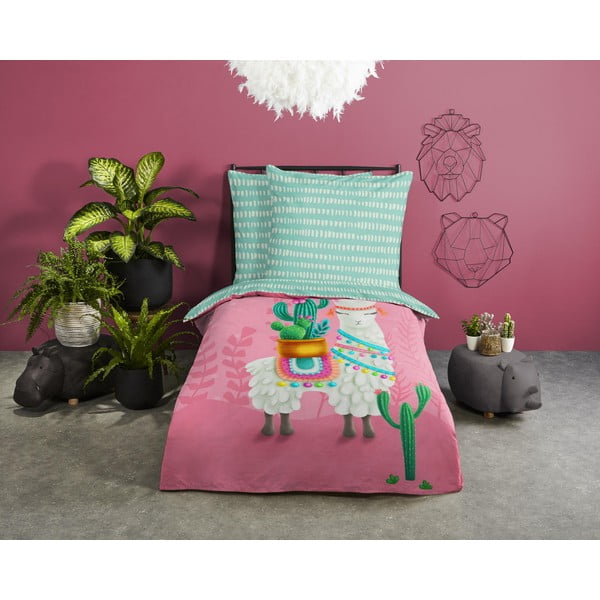 Rózsaszín-türkiz egyszemélyes pamut gyerek ágyneműhuzat 140x200 cm Lalama – Good Morning-image-1