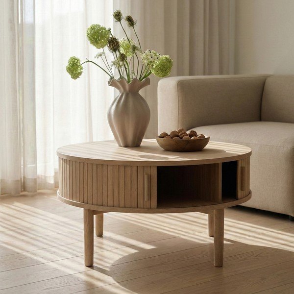 Világos natúr színű kerek dohányzóasztal tölgyfa dekorral ø 85 cm Meta – Unique Furniture-image-1