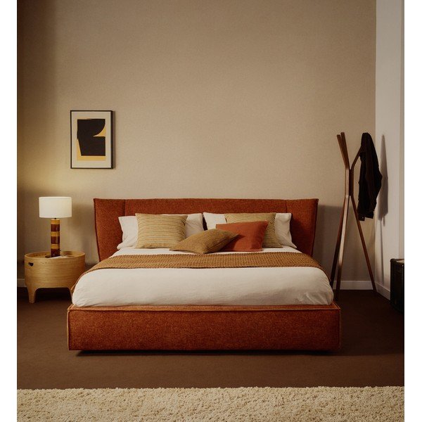 Terrakotta színű kárpitozott ágyneműtartós zsenília franciaágy ágyráccsal 160x200 cm Arvian – Kave Home-image-1