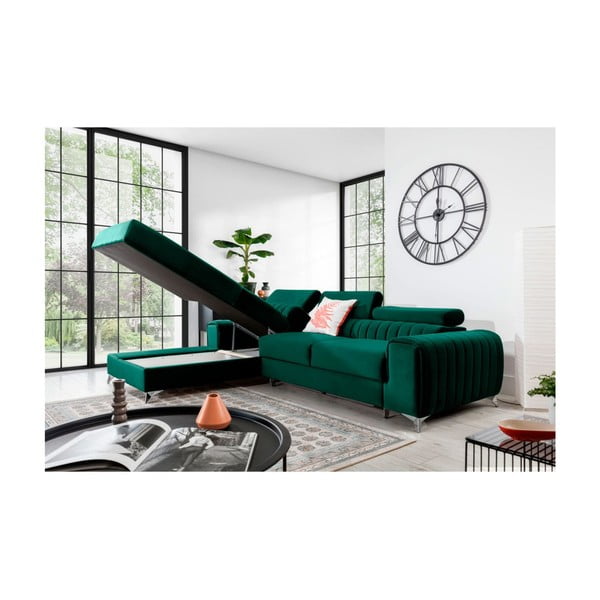 Zöld bársony kinyitható-tárolóhelyes sarokkanapé (bal oldali-heverő résszel) Grayson – ELTAP-image-3