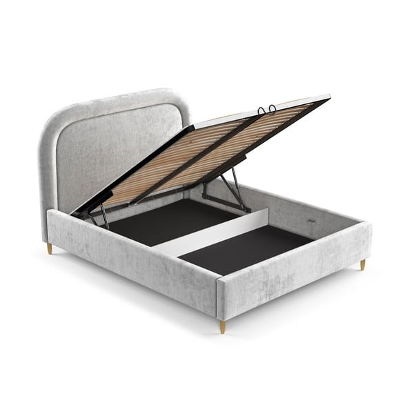 Világosszürke kárpitozott ágyneműtartós franciaágy ágyráccsal 160x200 cm Mija – Maison de Rêve-image-2