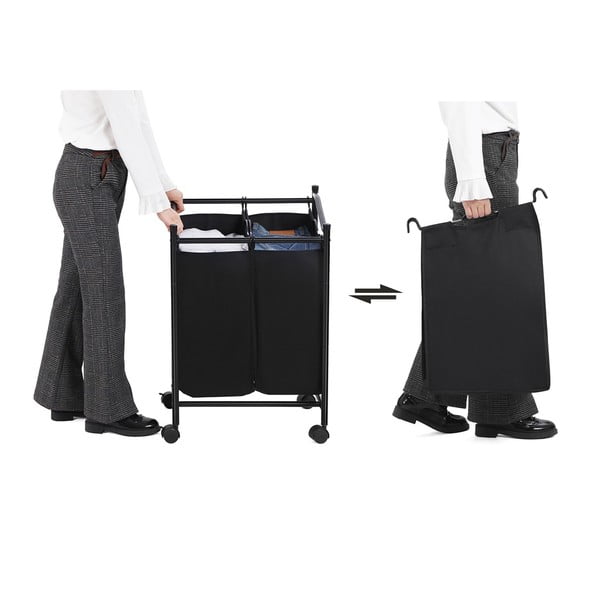 Fekete 2 rekeszes gurulós szennyestartó - Songmics-image-3