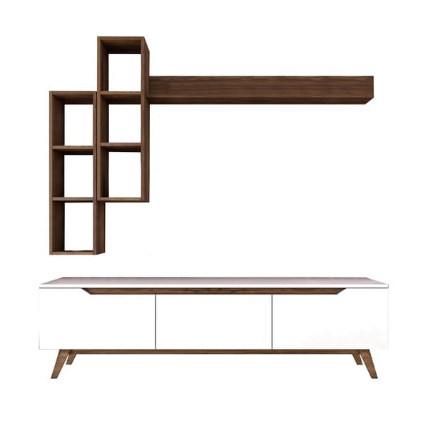 Fehér-barna nappali bútor szett diófa dekorral 180x49 cm Linh - Kalune Design