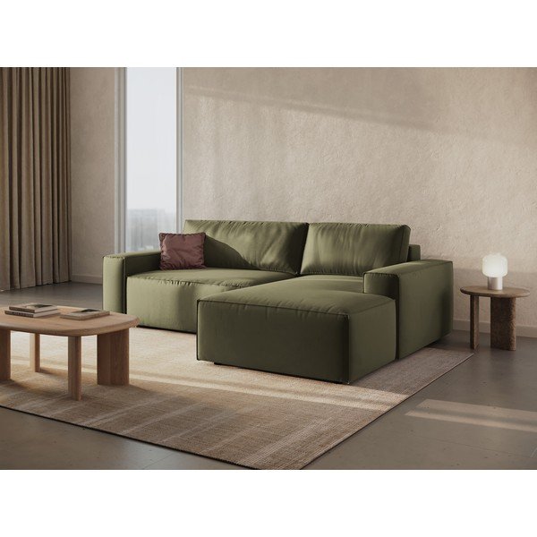 Zöld bársony kinyitható-tárolóhelyes sarokkanapé (jobb oldali-heverő résszel) Jodie – Micadoni -image-2