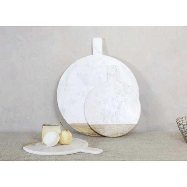 Bwari kör alakú szervírozó vágódeszka fehér márványból és mangófából, ø 32 cm - Nkuku-image-2