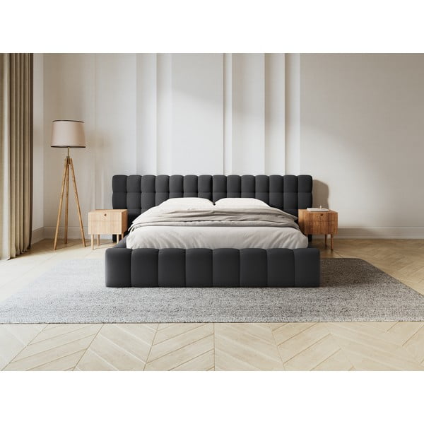 Fekete kárpitozott ágyneműtartós franciaágy ágyráccsal 160x200 cm Mamaia – Micadoni Home-image-1