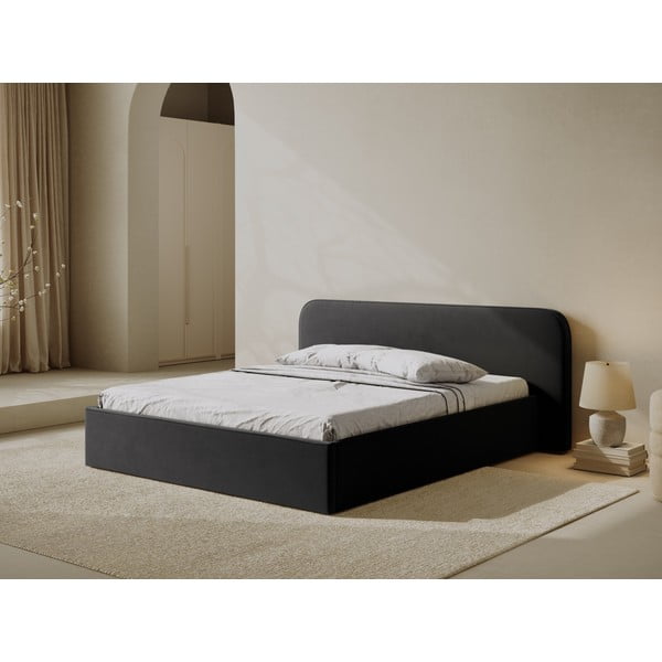 Fekete kárpitozott ágyneműtartós franciaágy ágyráccsal 180x200 cm Elizabeth – Micadoni -image-2