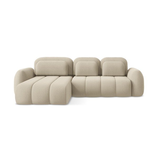 Világosbarna buklé kinyitható-tárolóhelyes sarokkanapé (bal oldali-heverő résszel) Pele – Makamii