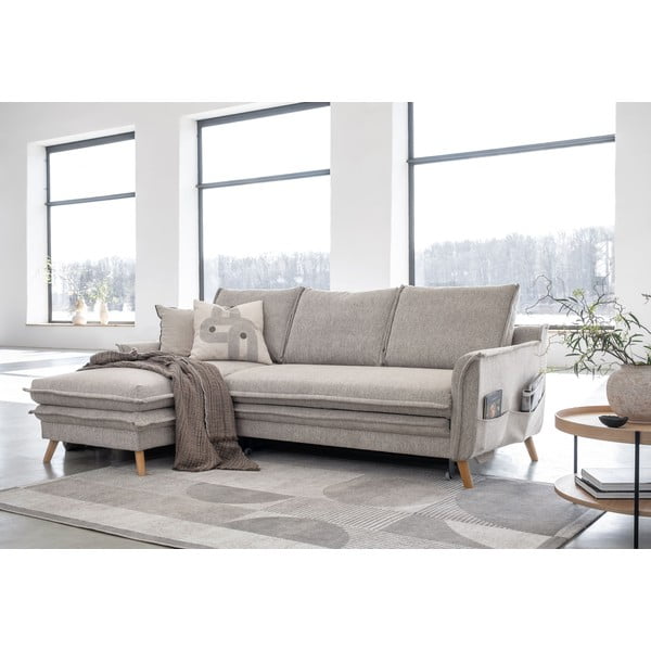 Szürkésbézs kinyitható-tárolóhelyes sarokkanapé (bal oldali-heverő résszel) Charming Charlie – Miuform-image-3