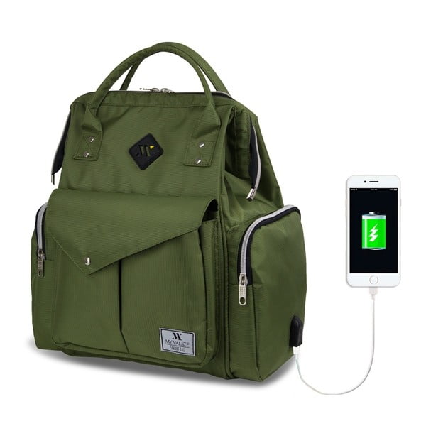 HAPPY MOM Baby Care Backpack zöld hátizsák anyukáknak USB csatlakozóval - My Valice