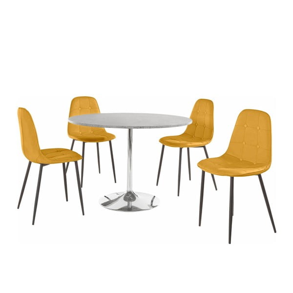 Terri Concrete kerek étkezőasztal és 4 részes citromsárga szék szett - Støraa