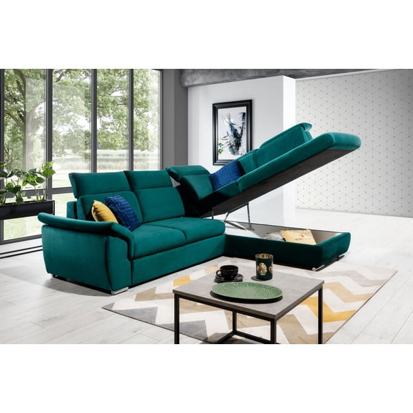 Zöld bársony kinyitható-tárolóhelyes sarokkanapé (jobb oldali-L alakú) Loreto – ELTAP-image-2