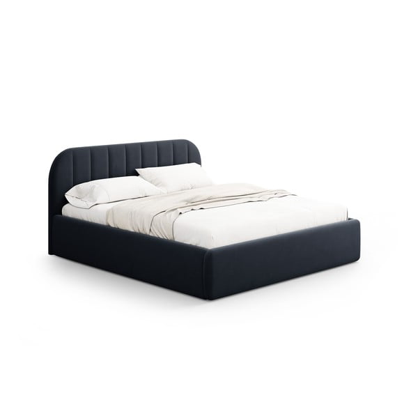 Sötétkék kárpitozott ágyneműtartós franciaágy ágyráccsal 180x200 cm Juno – Windsor & Co Sofas