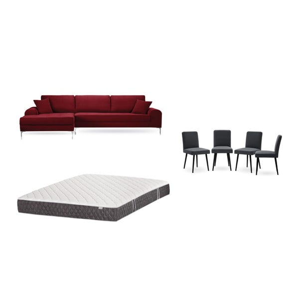 Piros baloldali sarokkanapé, 4 db antracit szürke szék, matrac (160 x 200 cm) szett - Home Essentials