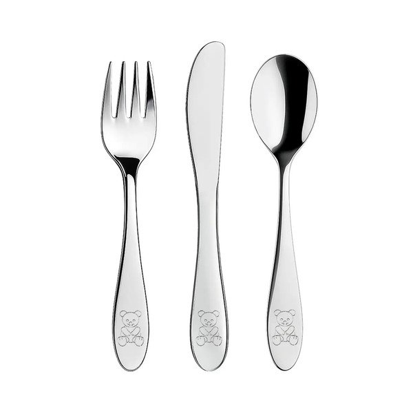 Ezüstszínű rozsdamentes acél gyerek evőeszköz készlet 3 db-os – Orion