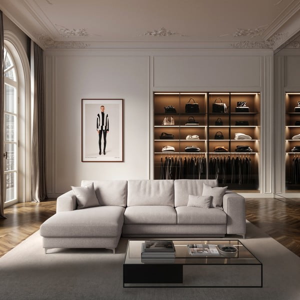 Világosszürke buklé kinyitható tárolóhelyes sarokkanapé (bal oldali-heverő résszel) Rene – Rodier-image-1