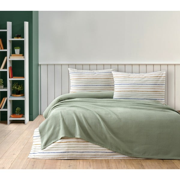 Zöld pamut ágytakaró, lepedő és párnahuzat szett 200x240 cm Karina – Mijolnir