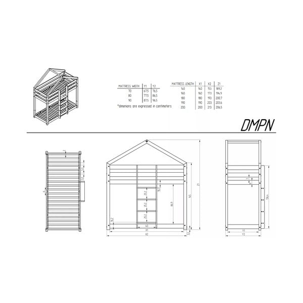 Natúr színű házikó alakú-emeletes gyerekágy ágyráccsal 90x180 cm DMPN – Adeko-image-2